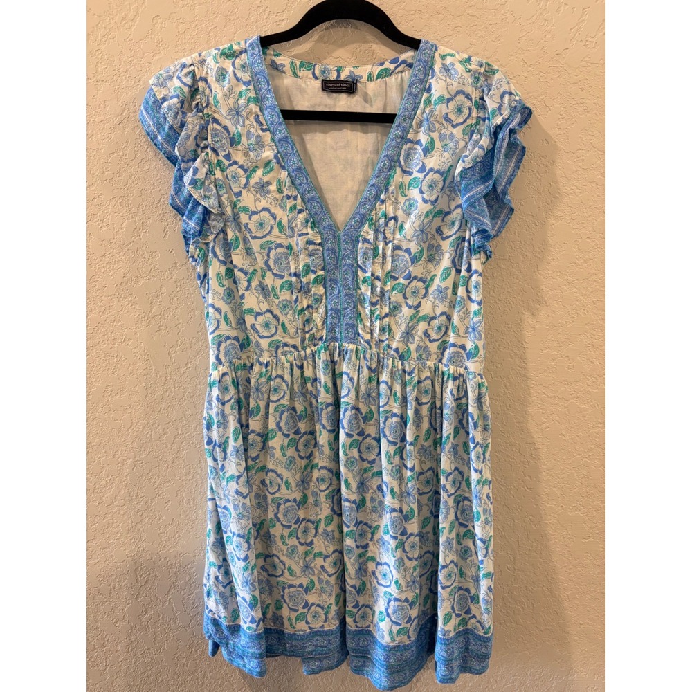 Vineyard Vines Blue Green Floral V-Neck Flutter Sleeve Mini Dress Large